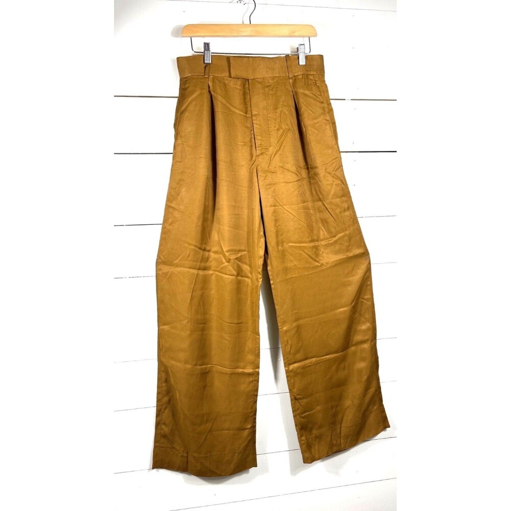 Zara High-Waist Mustard Pleated Wide-Leg Pants Size S 100% Viscose Made In Moroc